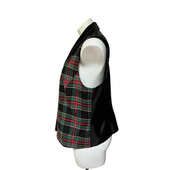 Vintage 90s Plaid Tartan Vest Velvet Collar Black Red Green Womens Large - Picture 3 of 5